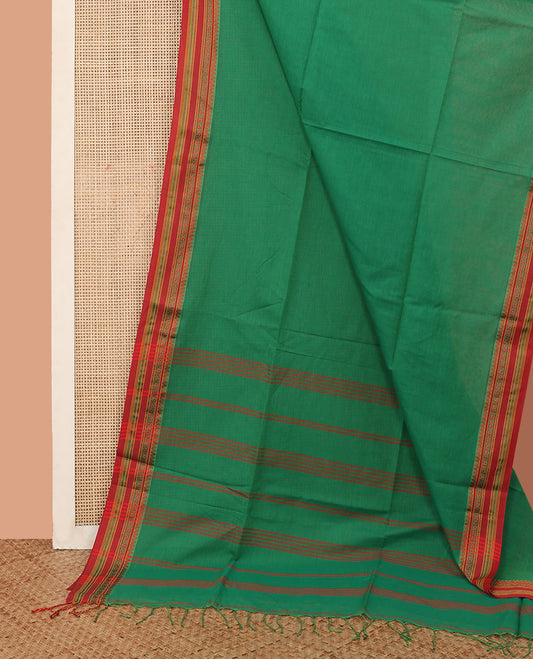 Green Plain Khadi Cotton Saree, Complemented by a Contrast Traditional Motifs Thread Woven Border, Striped Pallu, and Comes Without a Blouse
