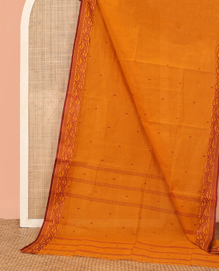 Orange Bengal Cotton Saree Featuring Buttas, a Self-Border of Vine Design, Striped Pallu, and No Blouse