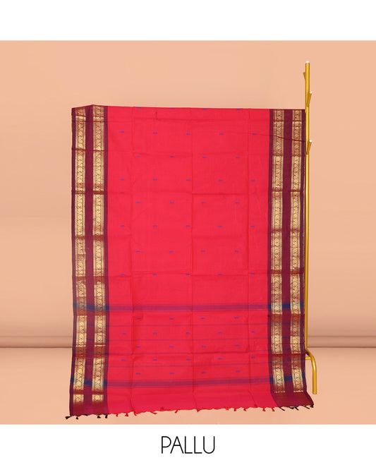 Red Plain Chettinad Cotton Saree, Sparsely Woven with Buttas All Over Its Body, Complemented by Contrast Traditional Design Rettai Pettu Border, Striped Pallu, and Paired with Matching Blouse