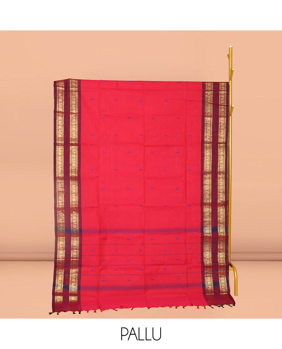 Red Plain Chettinad Cotton Saree, Sparsely Woven with Buttas All Over Its Body, Complemented by Contrast Traditional Design Rettai Pettu Border, Striped Pallu, and Paired with Matching Blouse