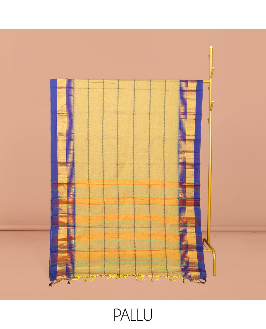 Sandal Narayanpet Cotton Saree, Accentuated with Veldhari Stripes, Complemented by a Contrast Temple Traditional Zari Design Border, Striped Pallu, and Comes Without a Blouse