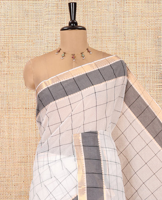 White Andhra Cotton Saree, Woven with Checks, a Contrast Zari Traditional Border, Striped Pallu, and a Contrast  Blouse