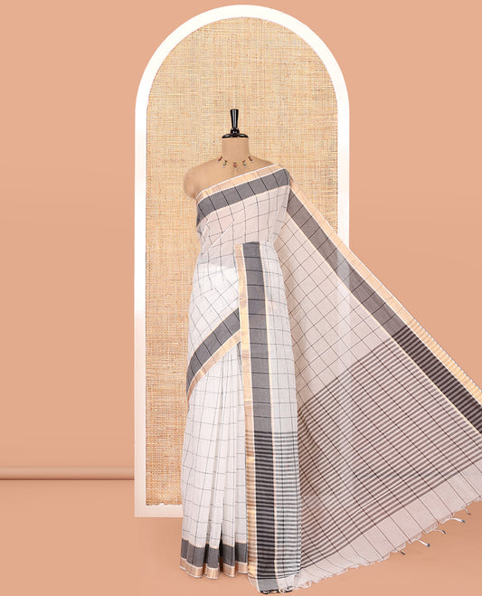 White Andhra Cotton Saree, Woven with Checks, a Contrast Zari Traditional Border, Striped Pallu, and a Contrast  Blouse