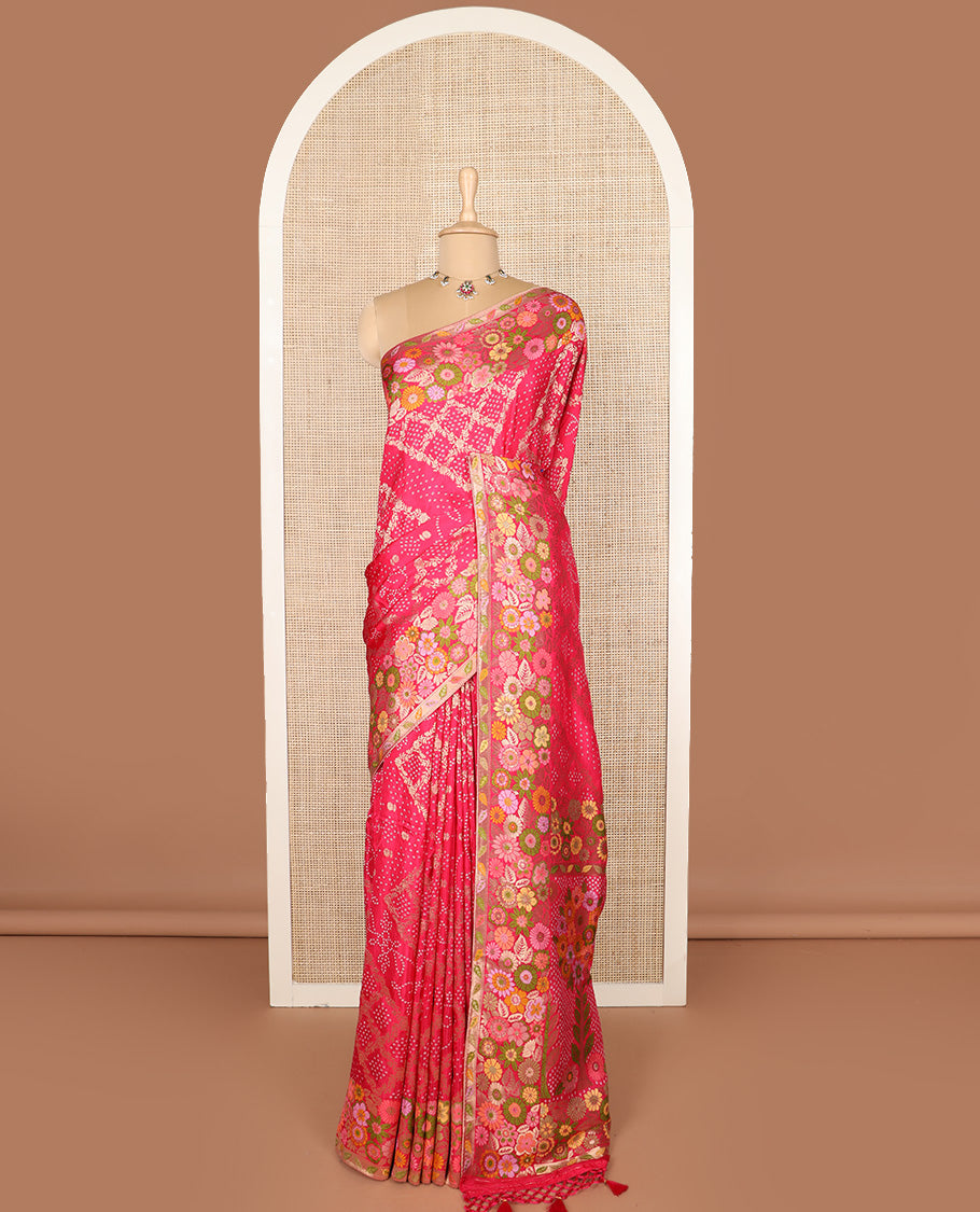 Pink bandhani dottes with jaal design dola silk saree, meenakari floral design border, and pallu of bandhani dottes, and meenakari floral design
