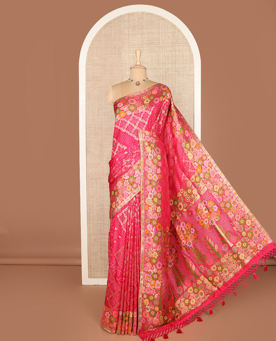 Pink bandhani dottes with jaal design dola silk saree, meenakari floral design border, and pallu of bandhani dottes, and meenakari floral design
