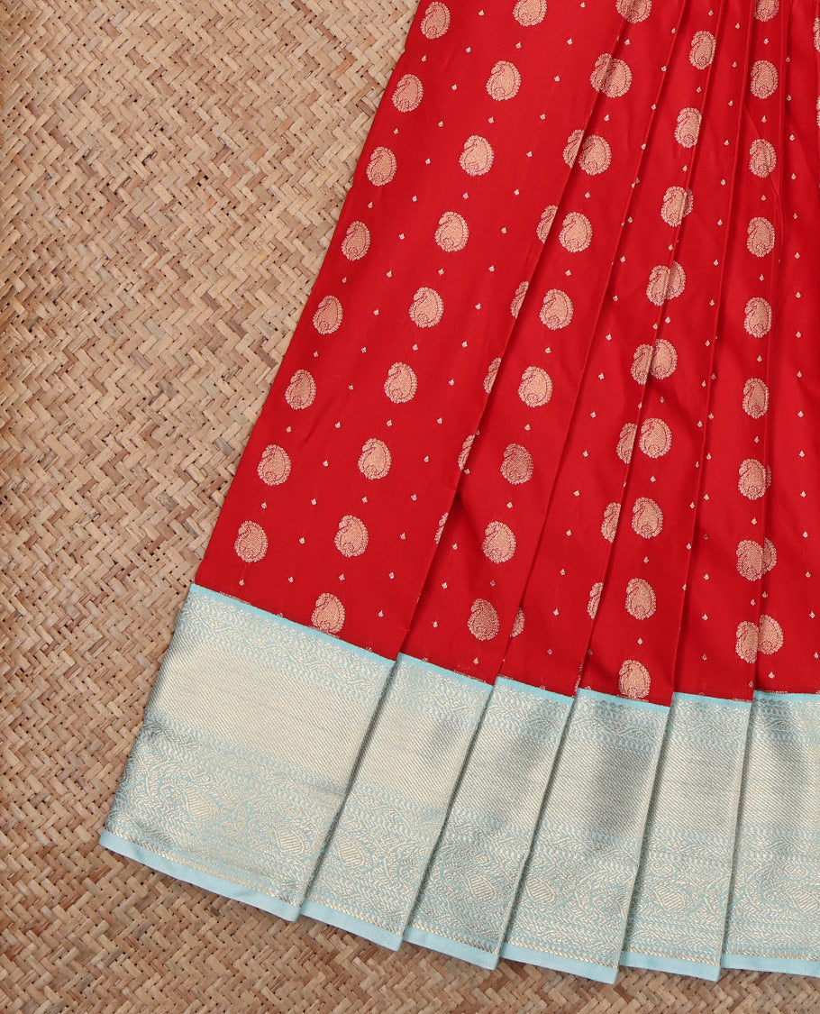 Red BudgetSilk Saree, Spotlighted with Zari Buttas All Over Its Body, Complemented by a Contrast Border of Banaras, Muthu, Kodi Visiry and Kodi Manga Designs, Pallu Steeped with Kodi Manga Designs, and Paired with a Contrast Blouse