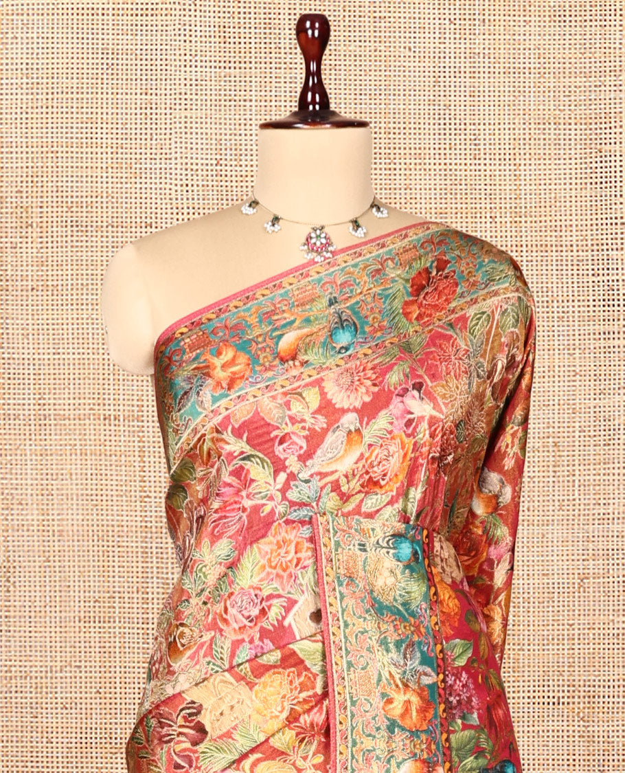 Pink Tropical Floral Russian Dola Tissue Saree, Floral-Bird Border, and a Matching Blouse