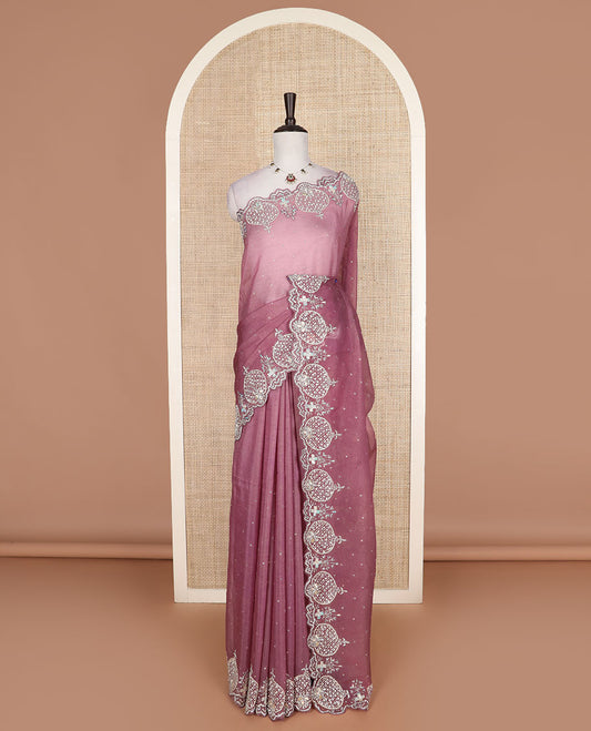 Pink stone work designer saree, intricately embroidered scallop border