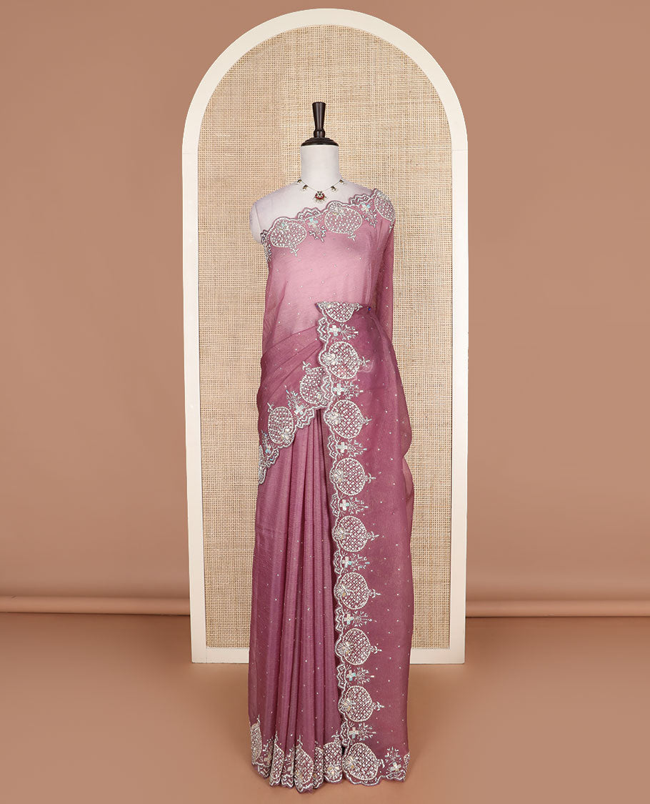 Pink stone work designer saree, intricately embroidered scallop border