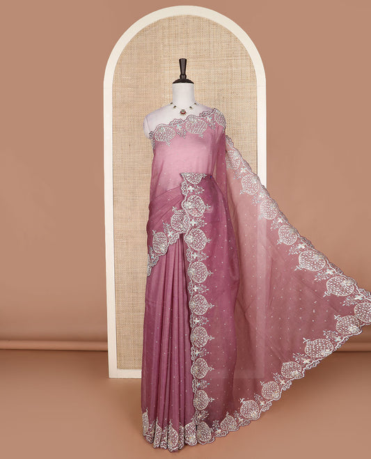 Pink stone work designer saree, intricately embroidered scallop border