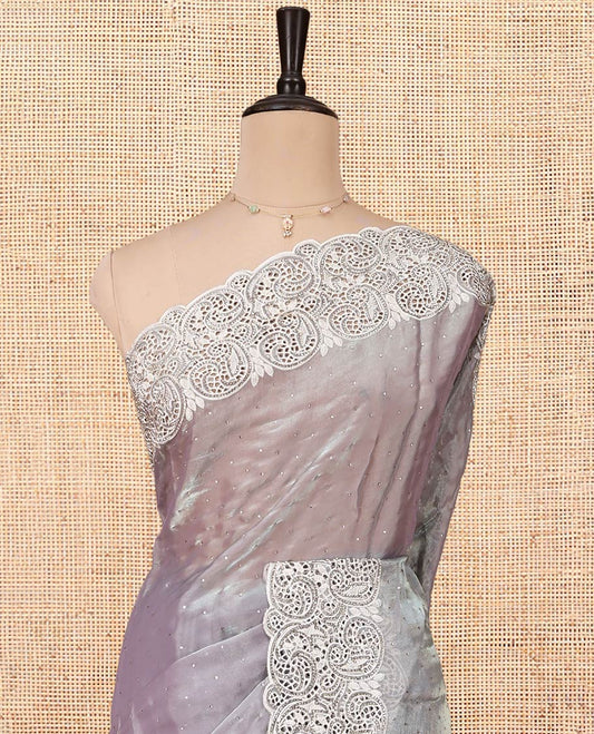 Grey Designer Saree, Crafted with Stone Work All Over Its Body, a Scallop Cut-Embroidered Border, and Matching Blouse