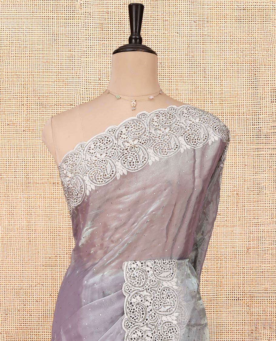 Grey Designer Saree, Crafted with Stone Work All Over Its Body, a Scallop Cut-Embroidered Border, and Matching Blouse