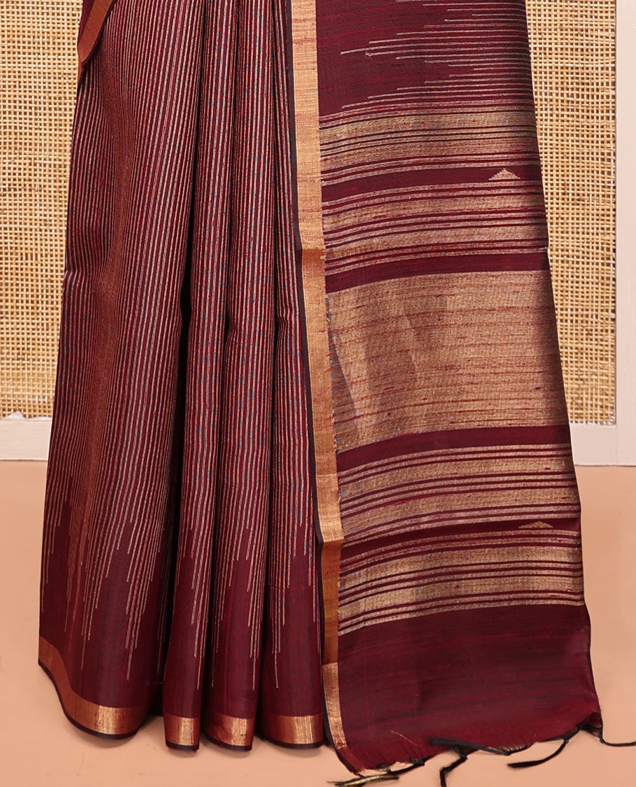 Brown Dupion Silk Saree, Steeped with Stripes, a Self-Temple Zari Border, Gleaming Zari Temple Pallu, and a Matching Blouse