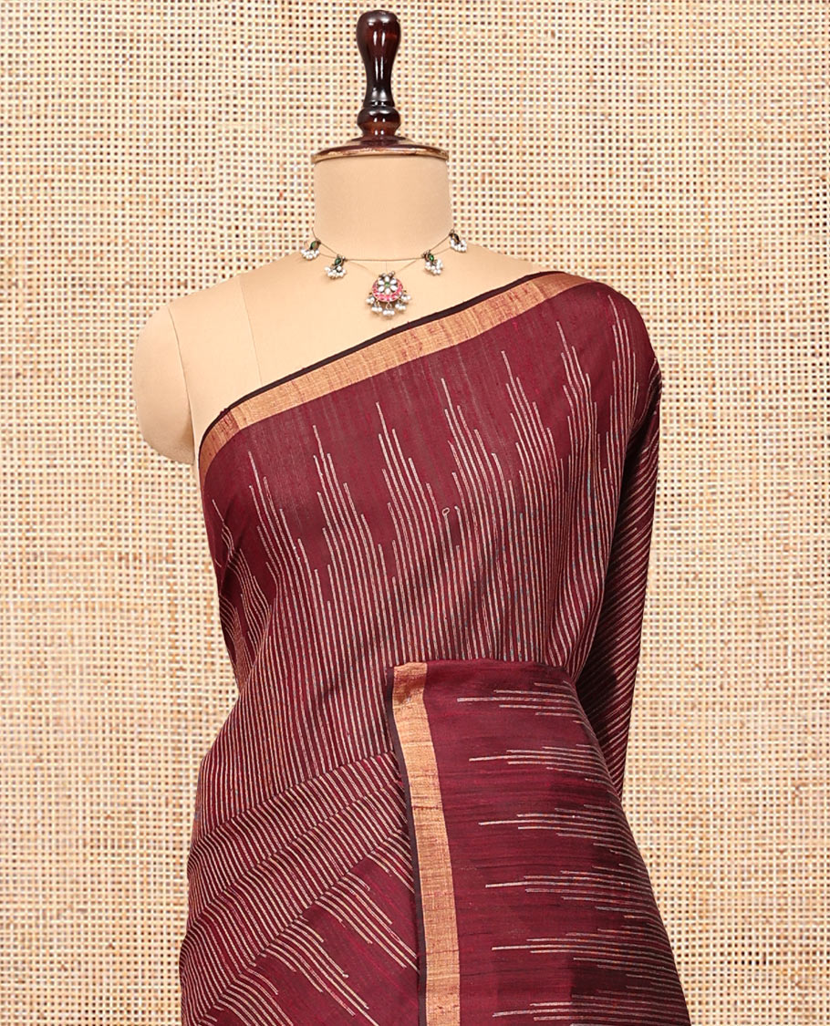 Brown Dupion Silk Saree, Steeped with Stripes, a Self-Temple Zari Border, Gleaming Zari Temple Pallu, and a Matching Blouse