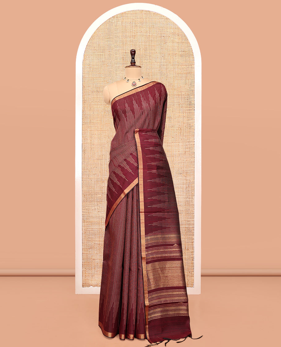 Brown Dupion Silk Saree, Steeped with Stripes, a Self-Temple Zari Border, Gleaming Zari Temple Pallu, and a Matching Blouse