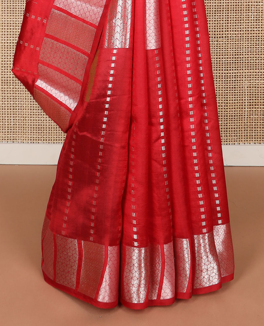 Red striped raw mango silk saree with self geometric design border & ogee design pallu