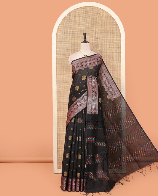 Black floral buttas dupion saree, intricate motifs border, and pallu of multi-colored thread stripes