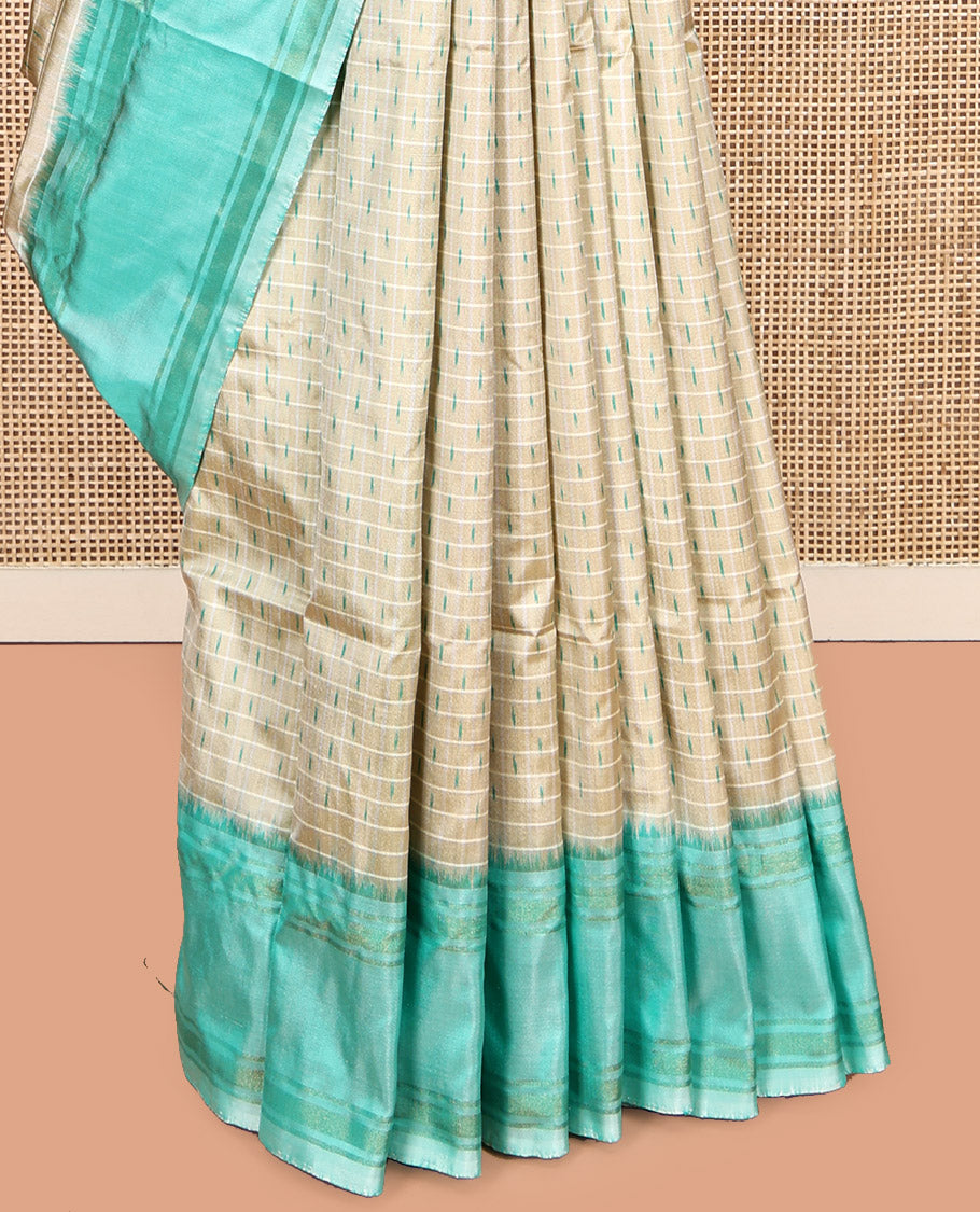 Beige Pochampally Ikat Saree, Ornamented with Buttas and Stripes, a Contrast Border, Ikat-Style Jaal Pallu, and a Contrast Blouse