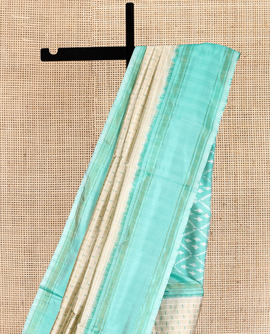 Beige Pochampally Ikat Saree, Ornamented with Buttas and Stripes, a Contrast Border, Ikat-Style Jaal Pallu, and a Contrast Blouse