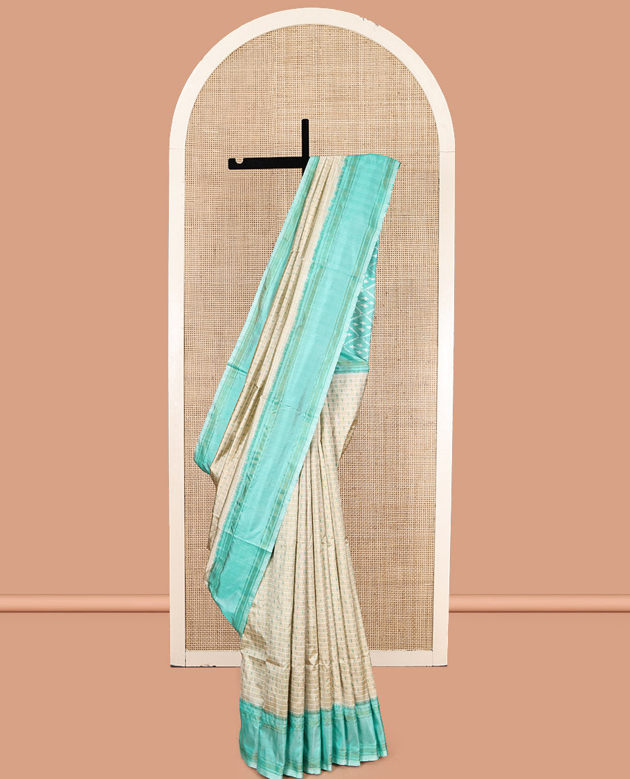 Beige Pochampally Ikat Saree, Ornamented with Buttas and Stripes, a Contrast Border, Ikat-Style Jaal Pallu, and a Contrast Blouse