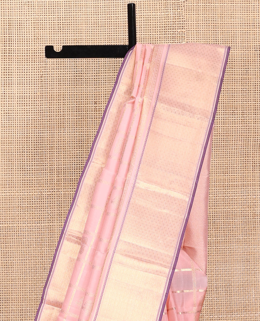 Pink Kanchipuram Silk Saree, Gracefully Embellished with Zari Butta Enclosed Checks, Traditional Zari Design Border, Grand Pallu, and Contrast Blouse