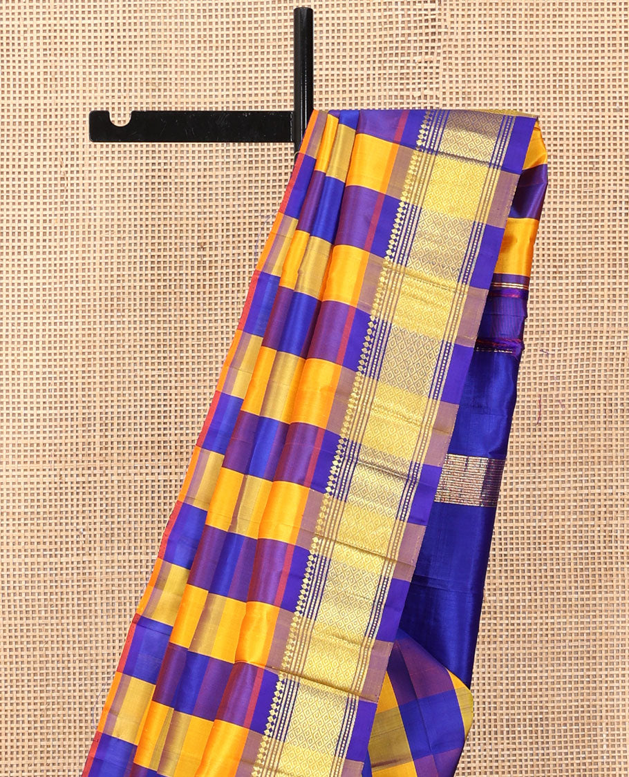 Multi-Color Checked Kanchipuram Silk Saree, a One-Sided Zari Border of Paneer Sombu, Banaras, Muthu, and Mayil Kann Designs, Zari Design Pallu, and No Blouse