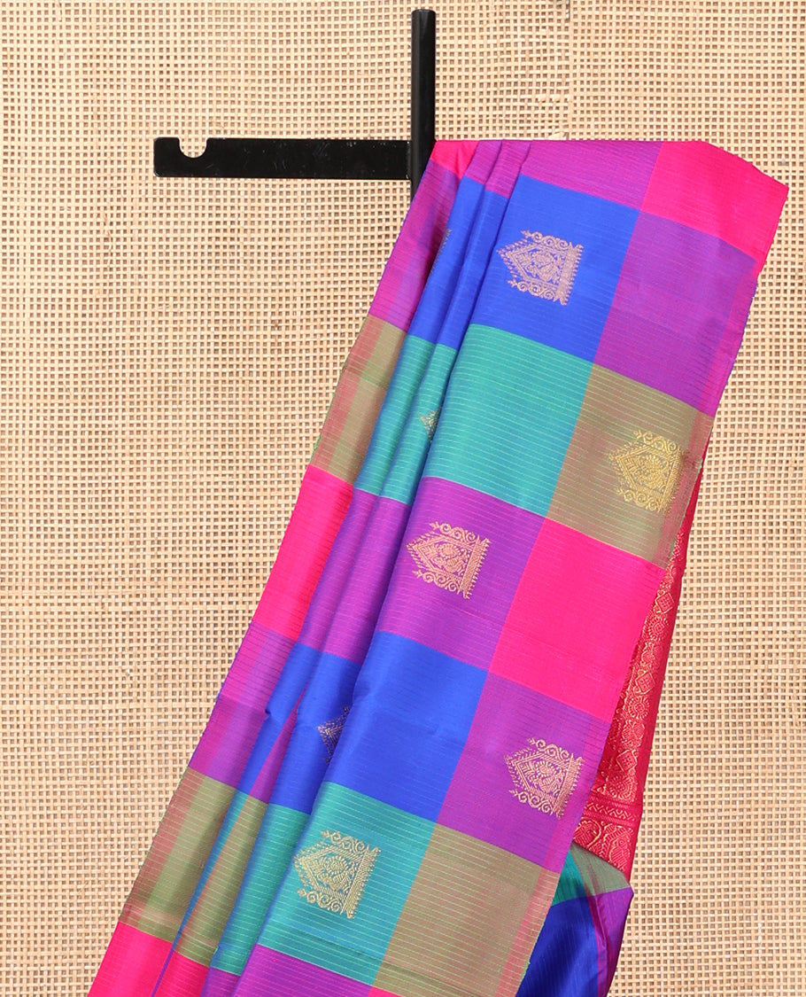 Borderless Multi-Color Palum Pazhamum Checked Kanchipuram Silk Saree, Adorned with Zari Buttas, Complemented by a Contrast Butta Enclosed Checked Pallu, and a Contrast Blouse