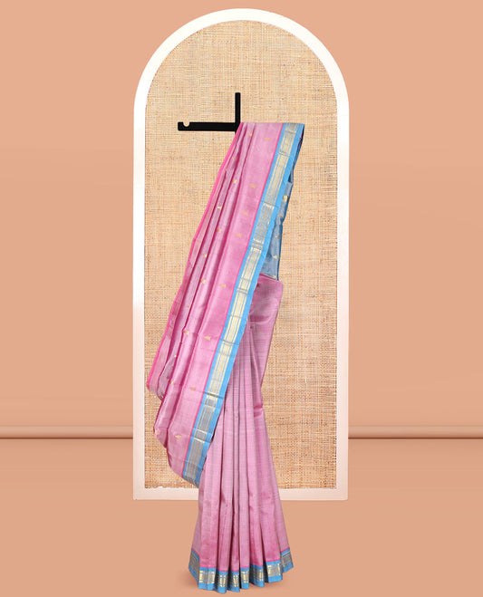 Pink Kanchipuram Silk Saree, Sparsely Woven with Zari Buttas, a Contrast One-Sided Border of Rekku and Jaal Designs, Zari Design Pallu, and a No Blouse