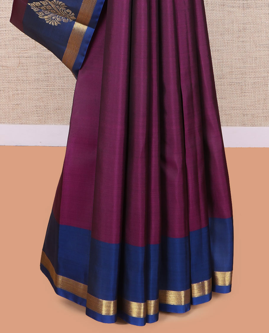 Wine Kanchipuram Silk Saree, Elevated with Zari Buttas, Complemented by a Contrast Zari Border, Pallu of Zari Design, and a Contrast Blouse