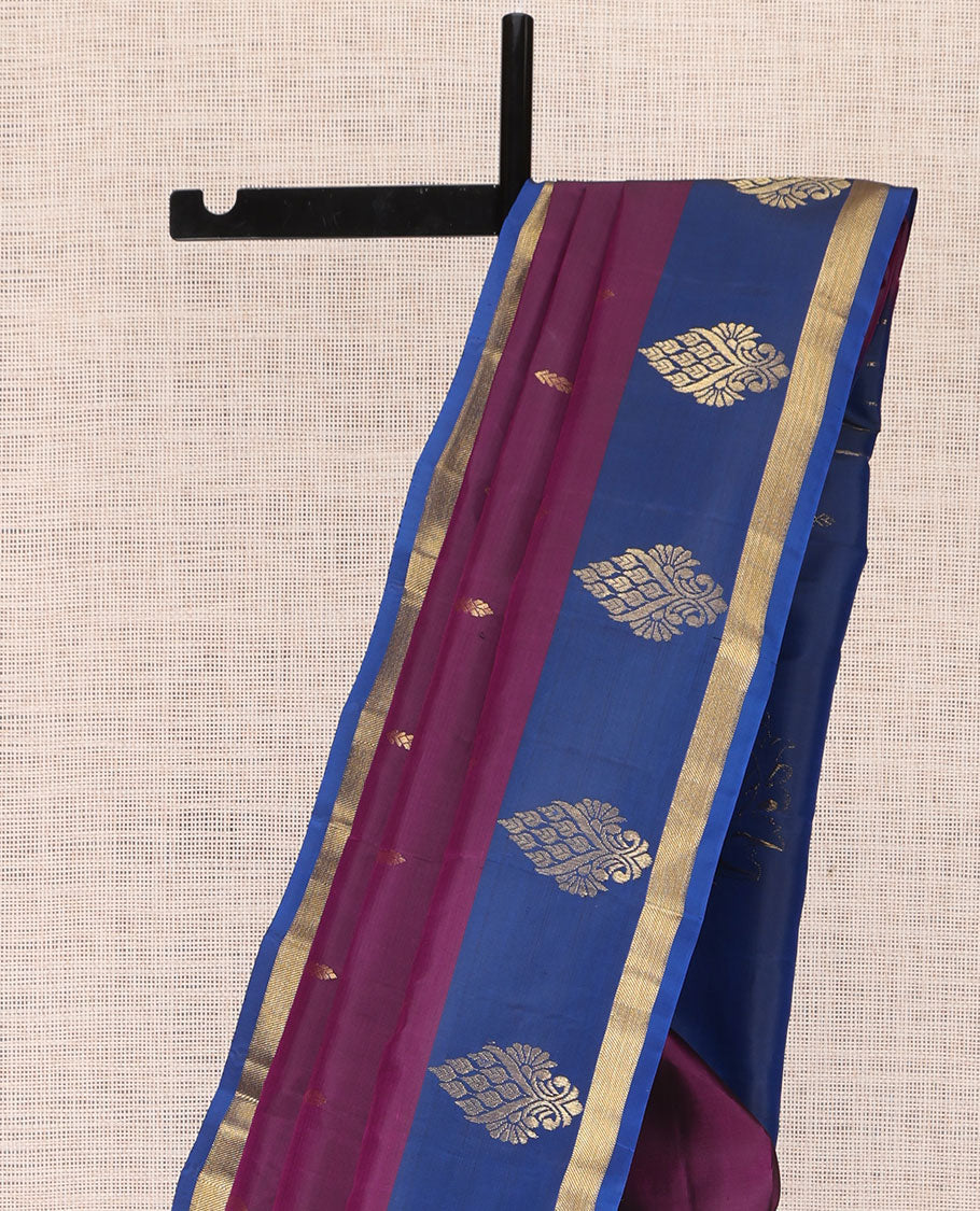 Wine Kanchipuram Silk Saree, Elevated with Zari Buttas, Complemented by a Contrast Zari Border, Pallu of Zari Design, and a Contrast Blouse