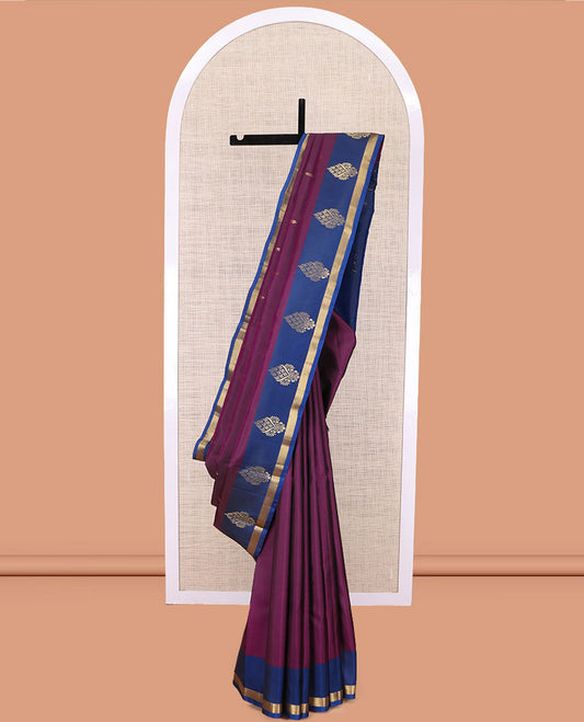 Wine Kanchipuram Silk Saree, Elevated with Zari Buttas, Complemented by a Contrast Zari Border, Pallu of Zari Design, and a Contrast Blouse