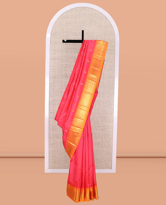 Red Kanchipuram Silk Saree, Detailed with Zari Buttas, a Contrast One-sided Border of Panner Sombu, Banaras, and Jaal Designs, Pallu of Floral Designs, and No Blouse