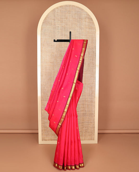 Pink buttas kancheepuram silk saree with contrast border of banaras, kuyil kann design & zari design pallu