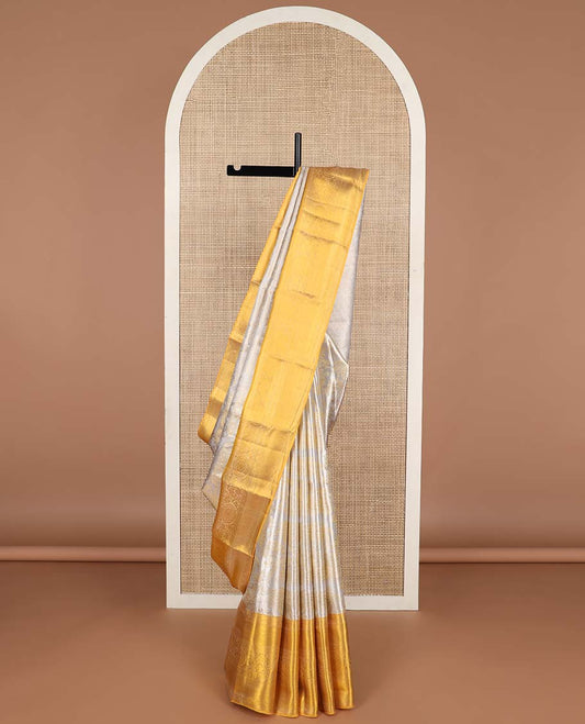 White floral design kancheepuram tissue silk saree with contrast border of paun, banaras, muthu design & zari design pallu