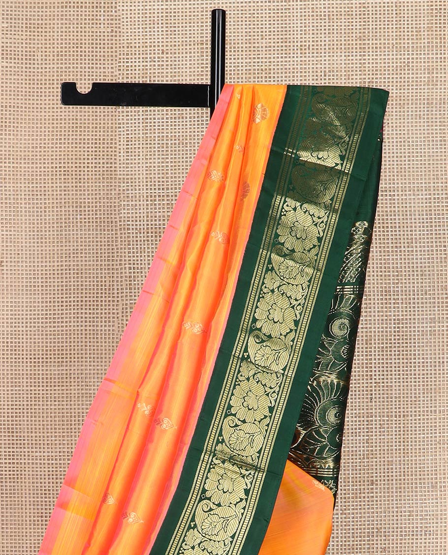 Yellow zari buttas kanchipuram silk saree, contrast korvai one-sided zari border of banaras,muthu,floral & manga  & floral design pallu