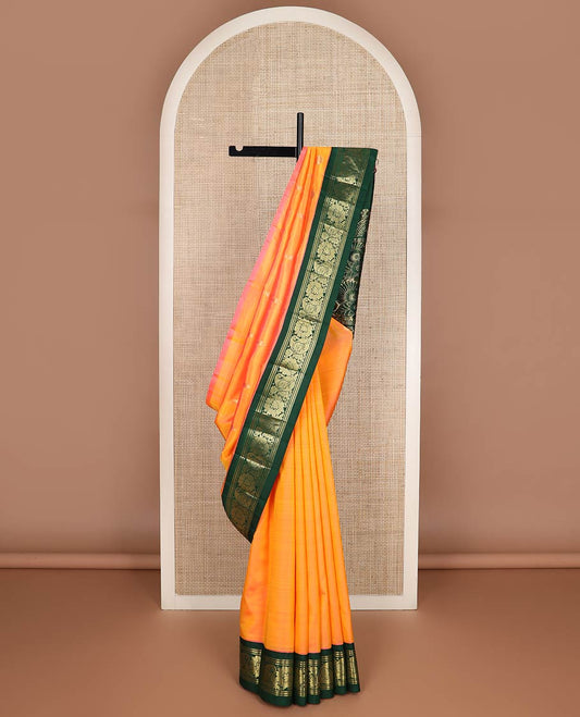 Yellow zari buttas kanchipuram silk saree, contrast korvai one-sided zari border of banaras,muthu,floral & manga  & floral design pallu