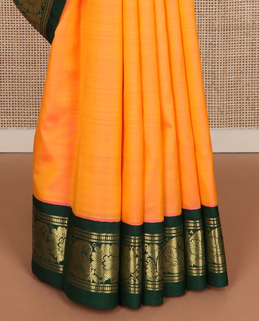 Yellow zari buttas kanchipuram silk saree, contrast korvai one-sided zari border of banaras,muthu,floral & manga  & floral design pallu