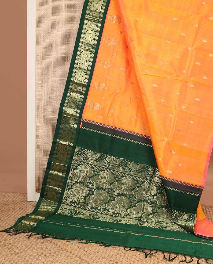 Yellow zari buttas kanchipuram silk saree, contrast korvai one-sided zari border of banaras,muthu,floral & manga  & floral design pallu