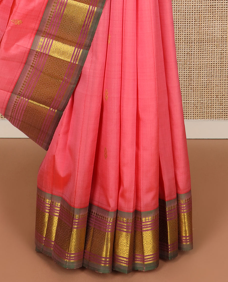 Pink zari buttas Kanchipuram silk saree, contrast border of panner sombu, banaras, muthu & jaal & zari design pallu