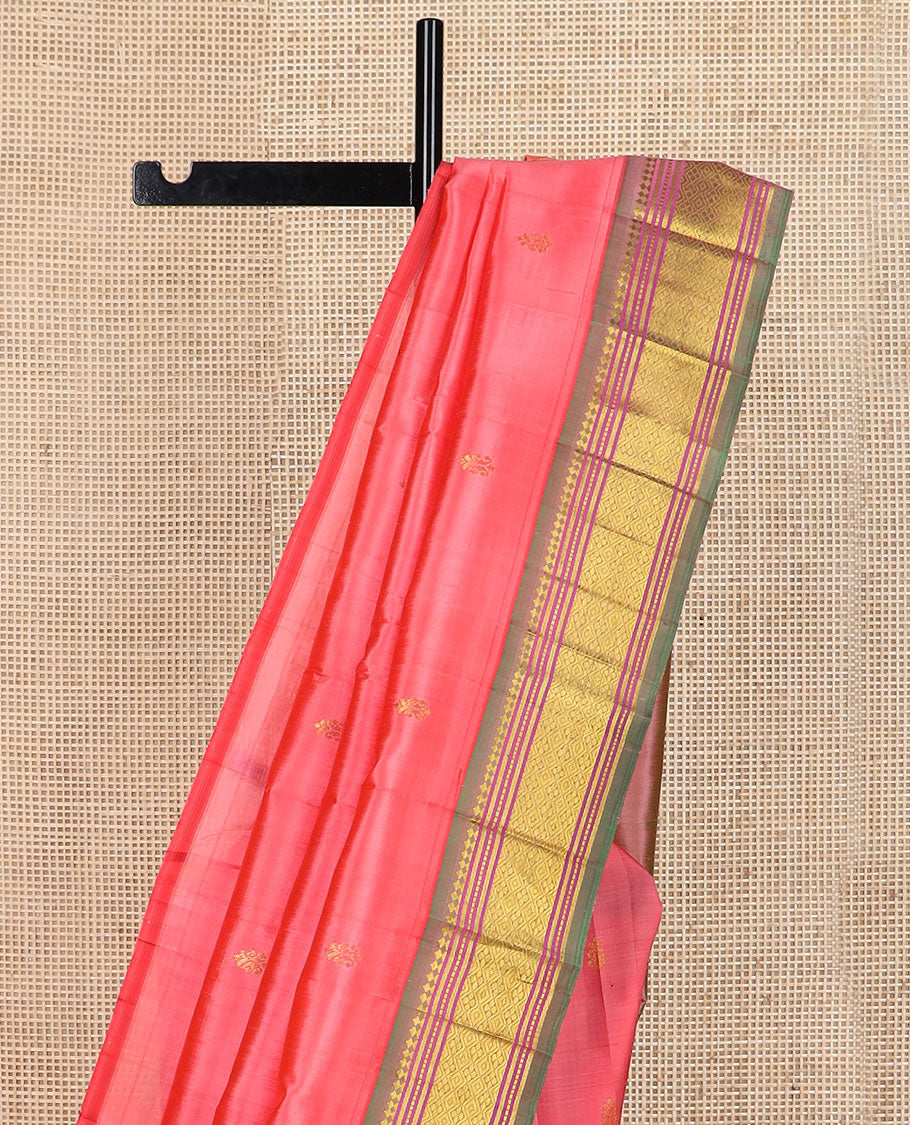 Pink zari buttas Kanchipuram silk saree, contrast border of panner sombu, banaras, muthu & jaal & zari design pallu