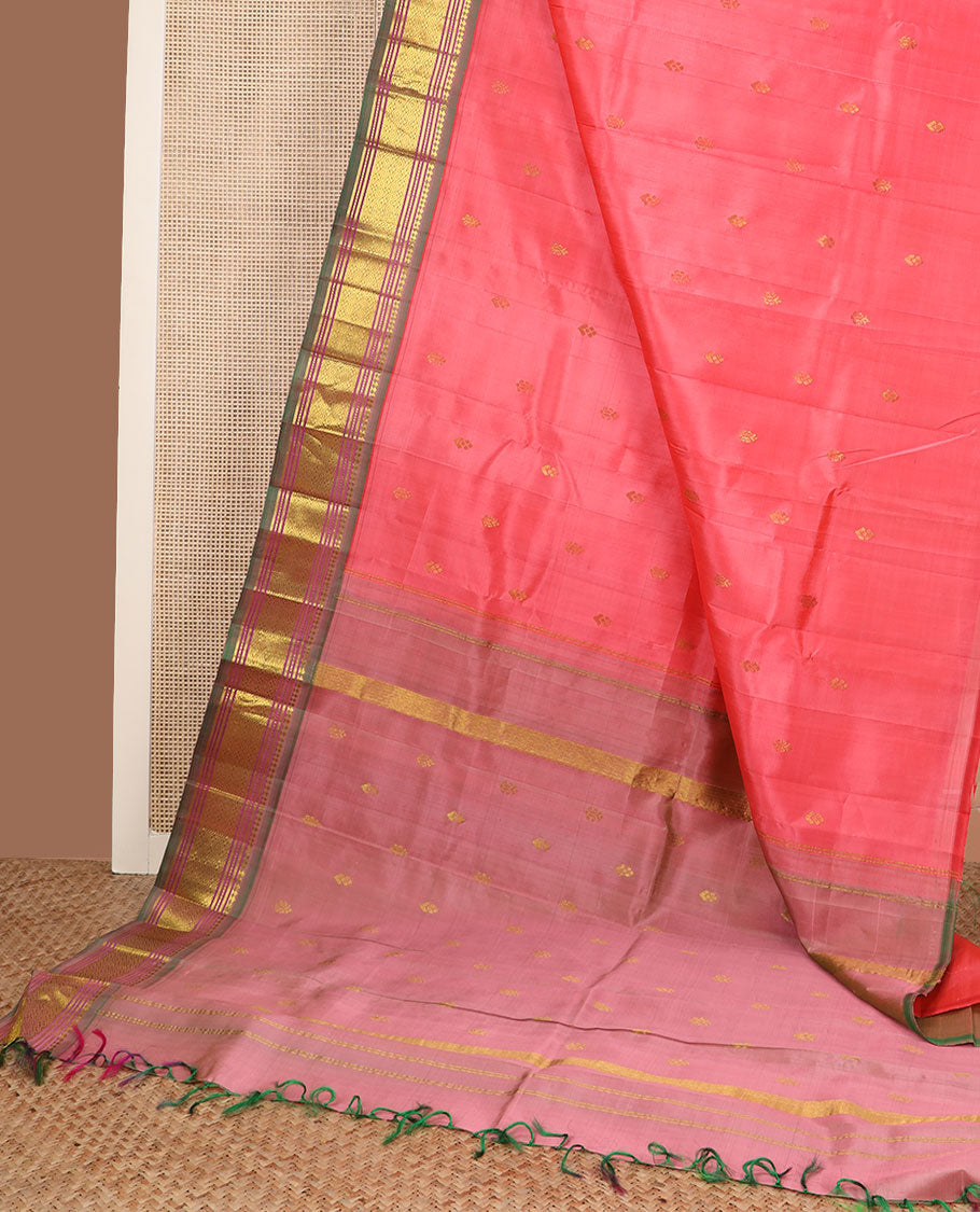 Pink zari buttas Kanchipuram silk saree, contrast border of panner sombu, banaras, muthu & jaal & zari design pallu