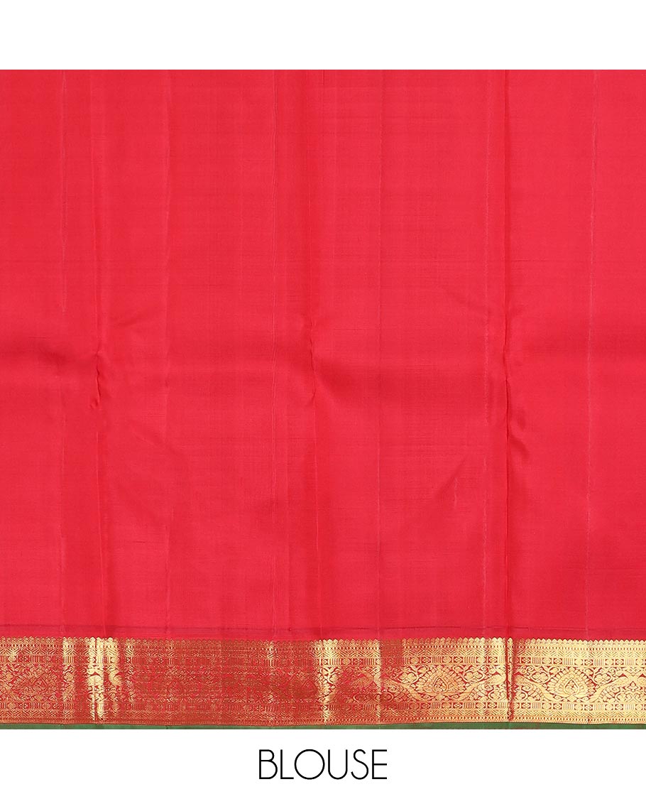 Green zari buttas Kanchipuram silk saree, contrast border of thilakam mokku, rettai neli, and mayil designs, and jaal design pallu