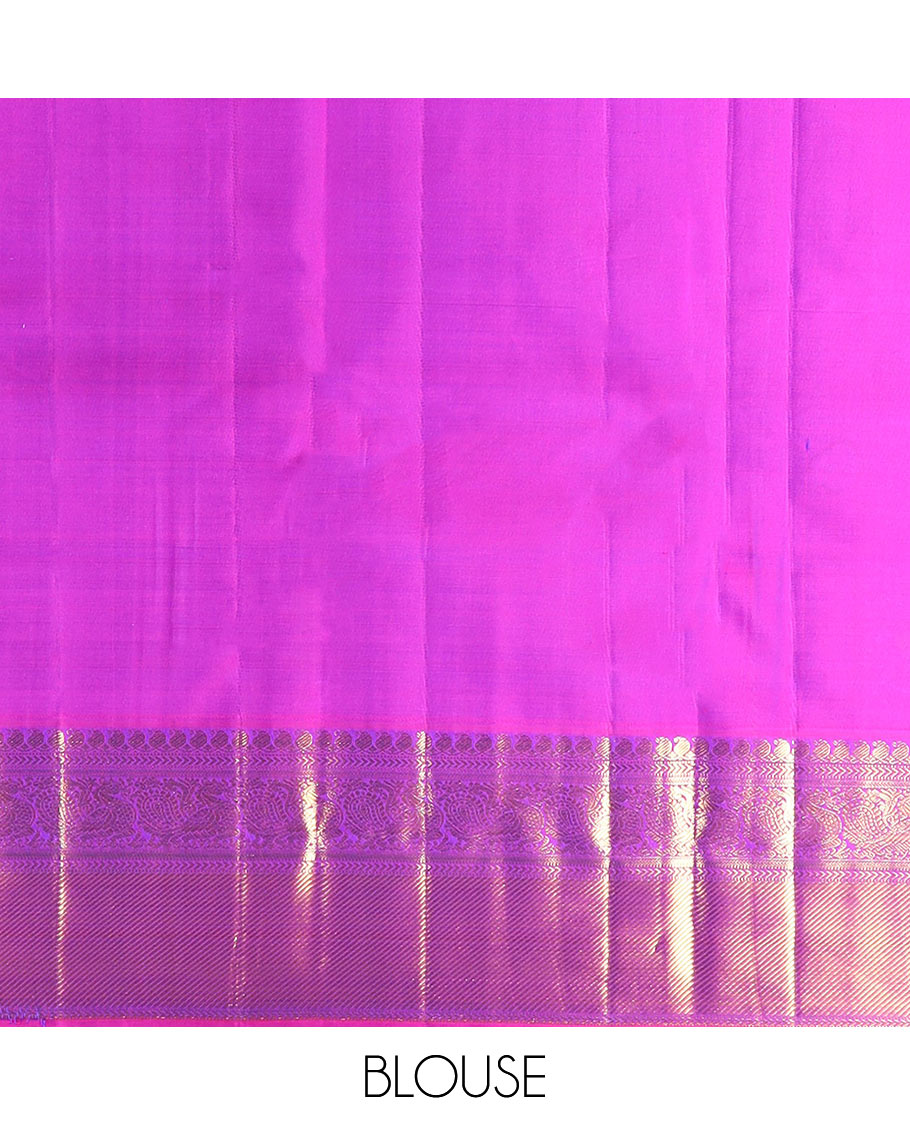 Blue arumbu manga buttas Kanchipuram silk saree, contrast border of manga mokku, muthu, kathir, and mayil designs, and vanki design pallu