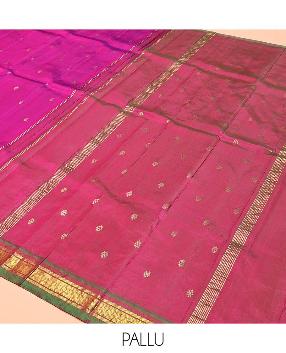 Rani Pink Kanchipuram Silk Saree, Woven with Zari Buttas, Complemented by a Contrast One-Sided Border of Banaras and Jaal Designs, Grand Pallu, and No Blouse