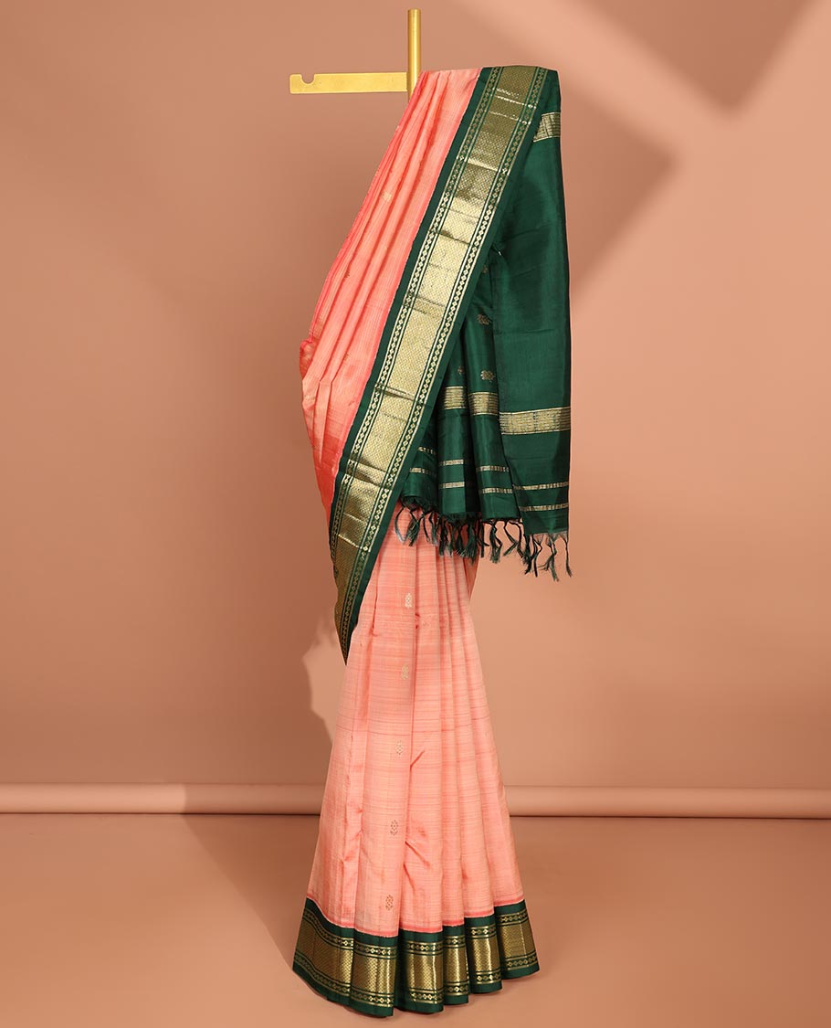 Pink floral  buttas kancheepuram silk saree with contrast korvai border of banaras, mayil kann design & zari design pallu