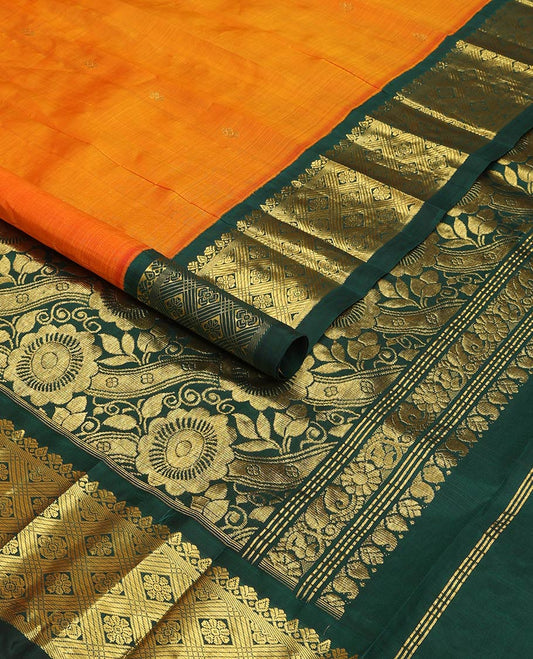 Orange kancheepuram silk saree with zari buttas, contrast one-sided korvai border of salngai & jaal design, & pallu of floral designs