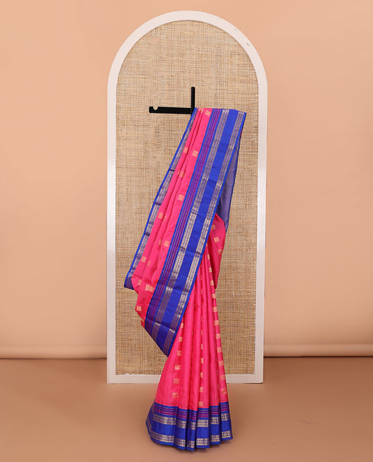 Pink zari buttas silk saree, contrast rettai pettu border of muthu,kathir, star kamalam & rudraksham, & jaal pallu
