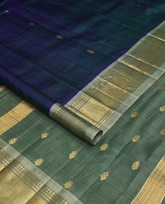 Blue zari buttas woven Kanchipuram silk saree, contrast one-sided border of panner sombu,banaras & jaal designs & zari woven pallu
