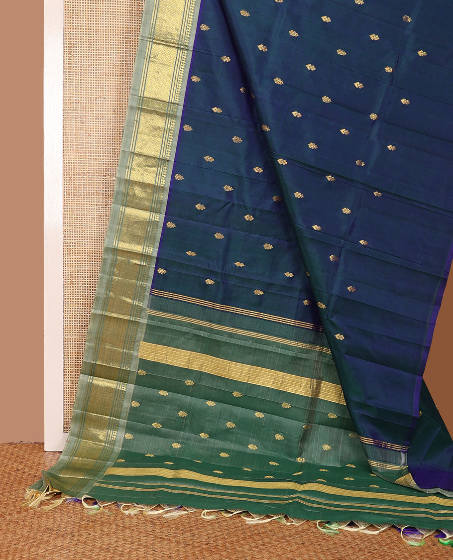 Blue zari buttas woven Kanchipuram silk saree, contrast one-sided border of panner sombu,banaras & jaal designs & zari woven pallu