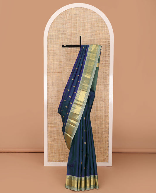 Blue zari buttas woven Kanchipuram silk saree, contrast one-sided border of panner sombu,banaras & jaal designs & zari woven pallu